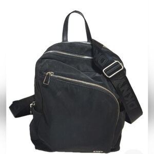 DKNY Black Soft Faux Suede Small Backpack Purse With Guitar Strap EUC 12 X 12